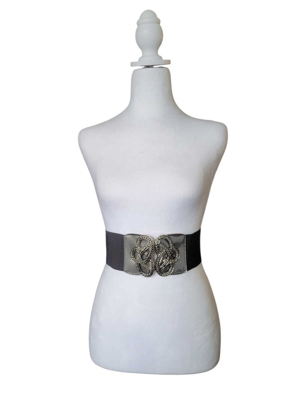 Vintage Wide Black Elastic Waist Belt Silver Celtic Knot Buckle 90s Designer